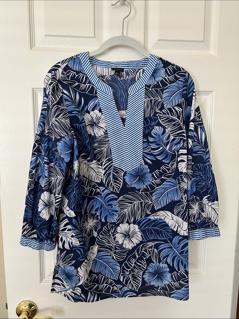 Talbots Navy & Sky Blue Tropical Tunic Top Sz M